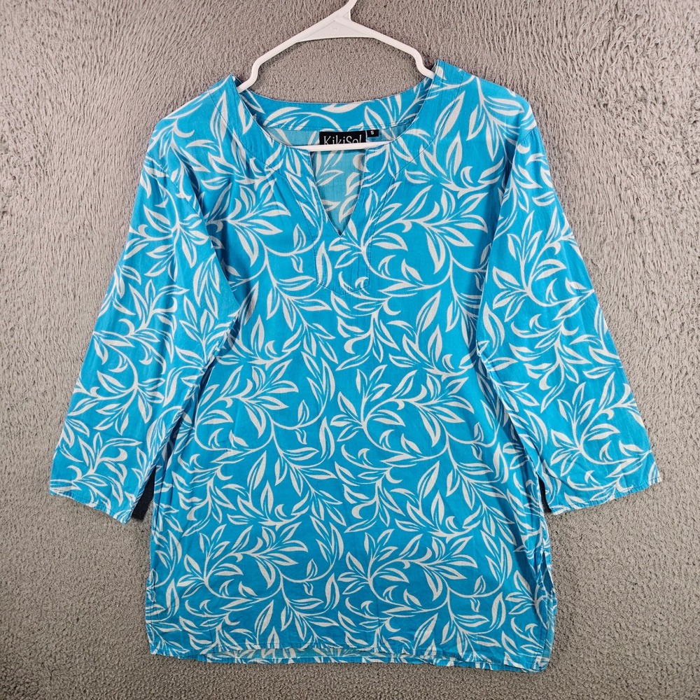 KikiSol Womens Blue White Tropical‎ Leaf Print Cotton V-Neck Tunic Top Size S